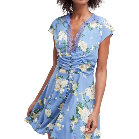 Free People Alora Mini Blue Floral Lace Collar Button Down Boho Dress Sz 2 - Picture 2 of 13